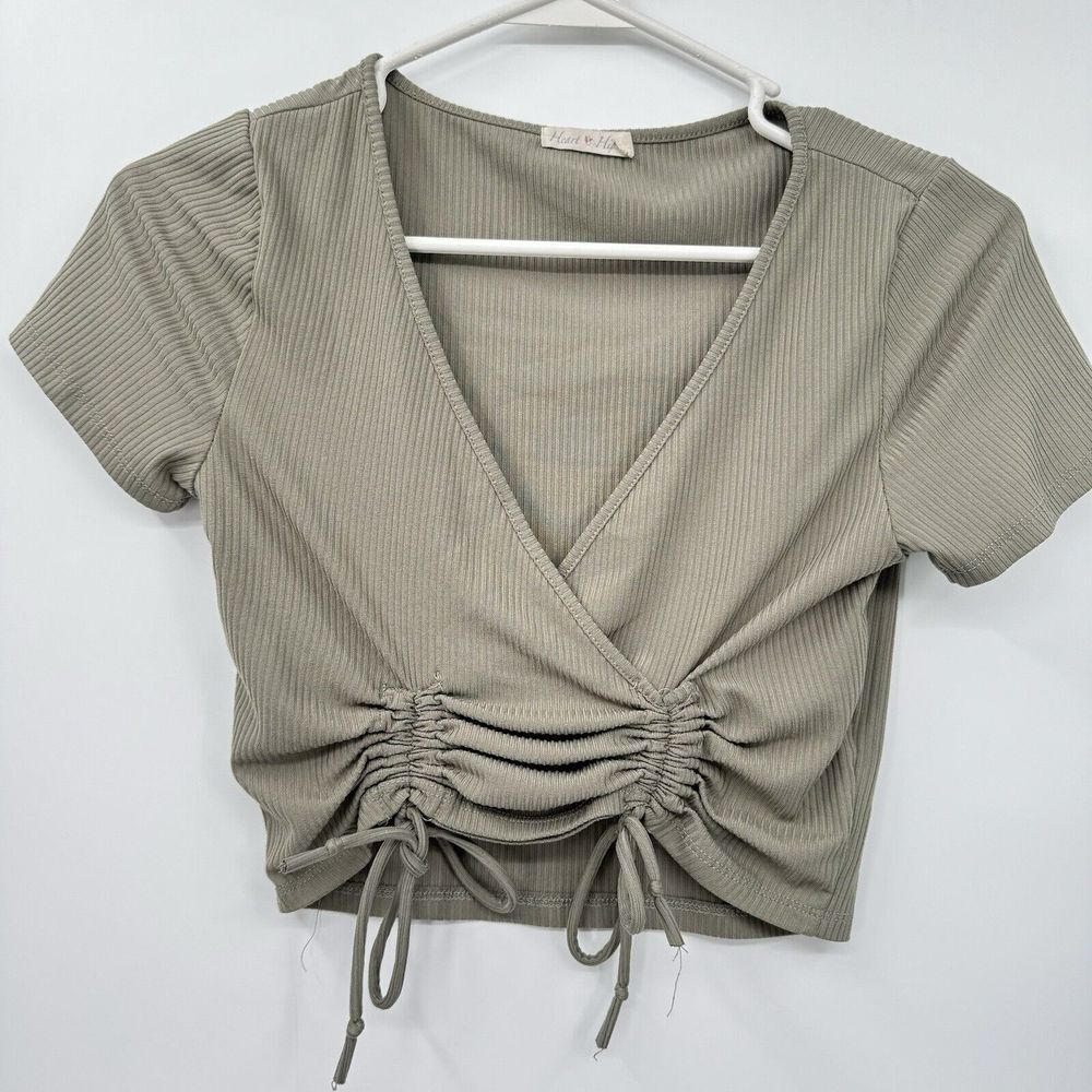 Heart & Hips Small Ribbed Ruched Wrap Crop Top Womens Sage Green Olive V-Neck